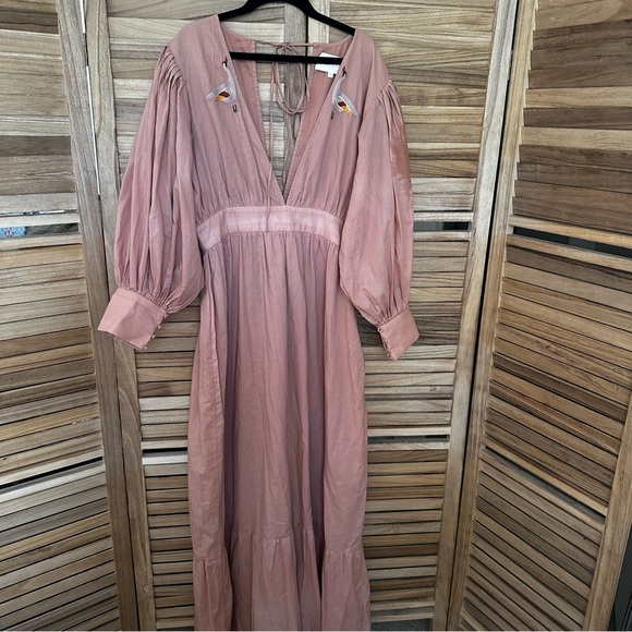Carolina K V Neck Bird Print appliqué Maxi Dress in Pink size M